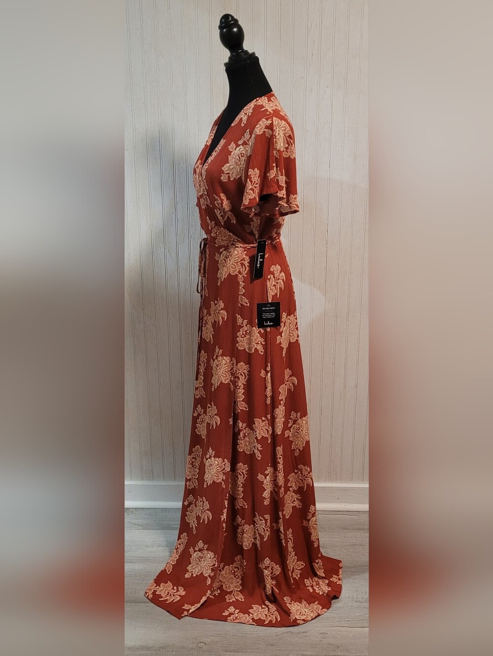 NWT Lulus Heart of Marigold Rust Red Floral Print Wrap Maxi Dress Size Medium - Picture 2 of 14
